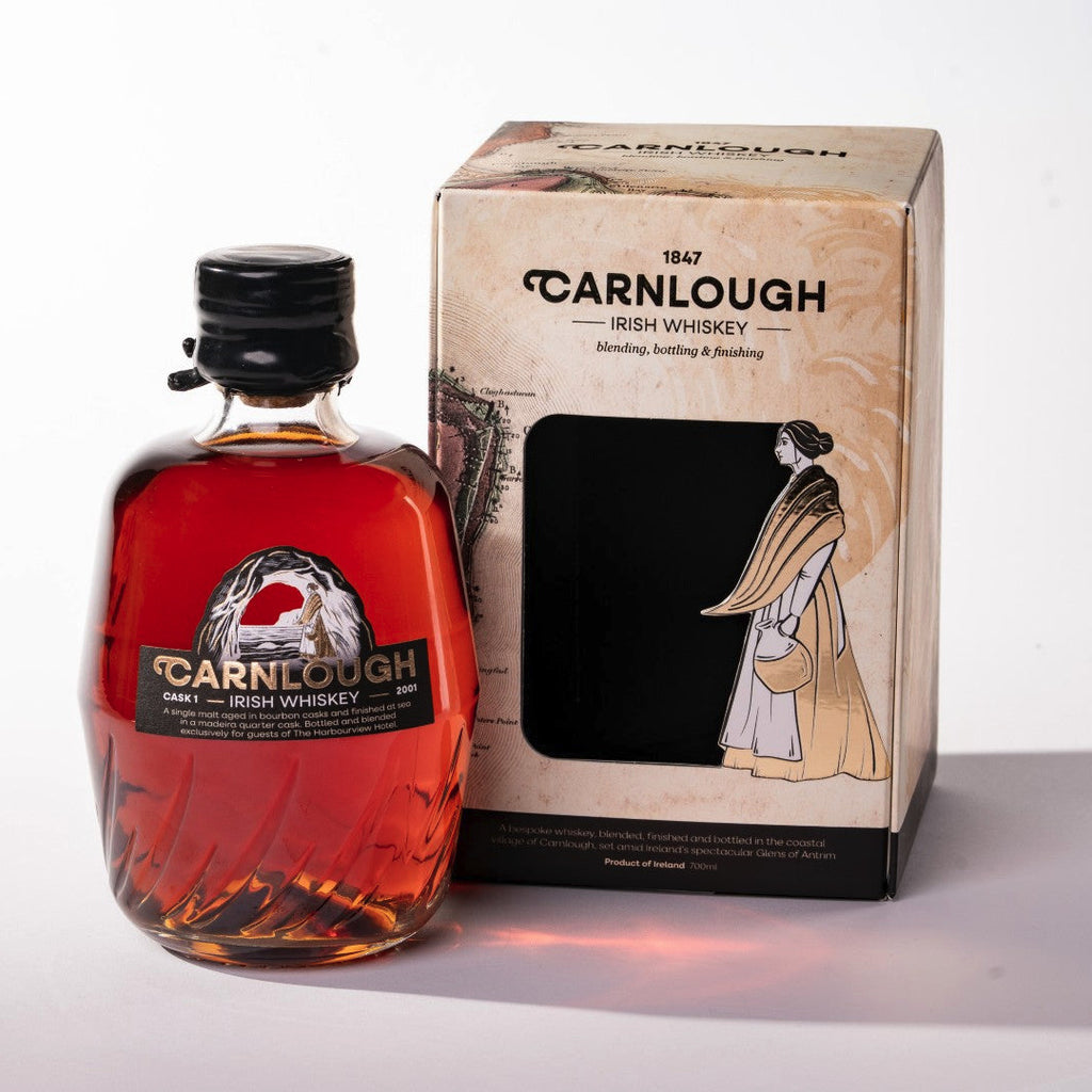Carnlough Irish Whiskey bottle and packaging on a white background
