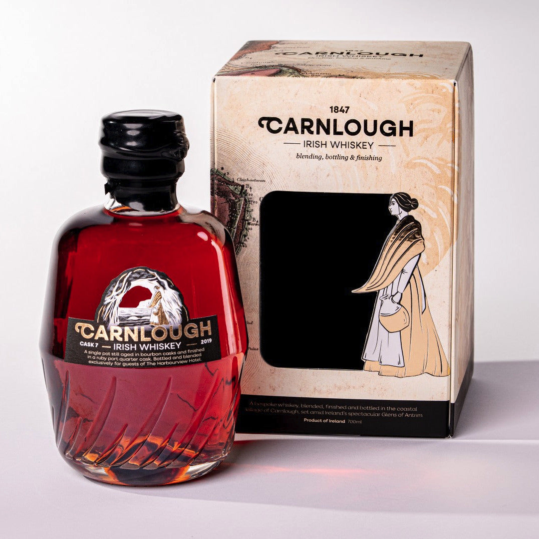 Carnlough Irish Whiskey bottle and packaging on a white background