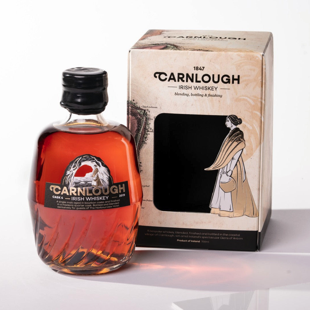 Carnlough Irish Whiskey bottle and packaging on a white background