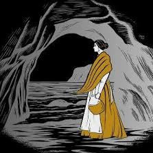 Illustration of a person in a yellow garment standing by a body of water with a dark background