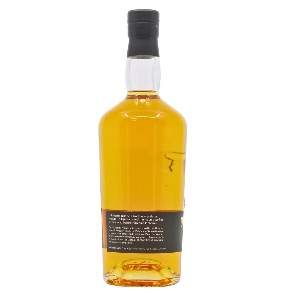 Bottle of whiskey with a black label on a white background
