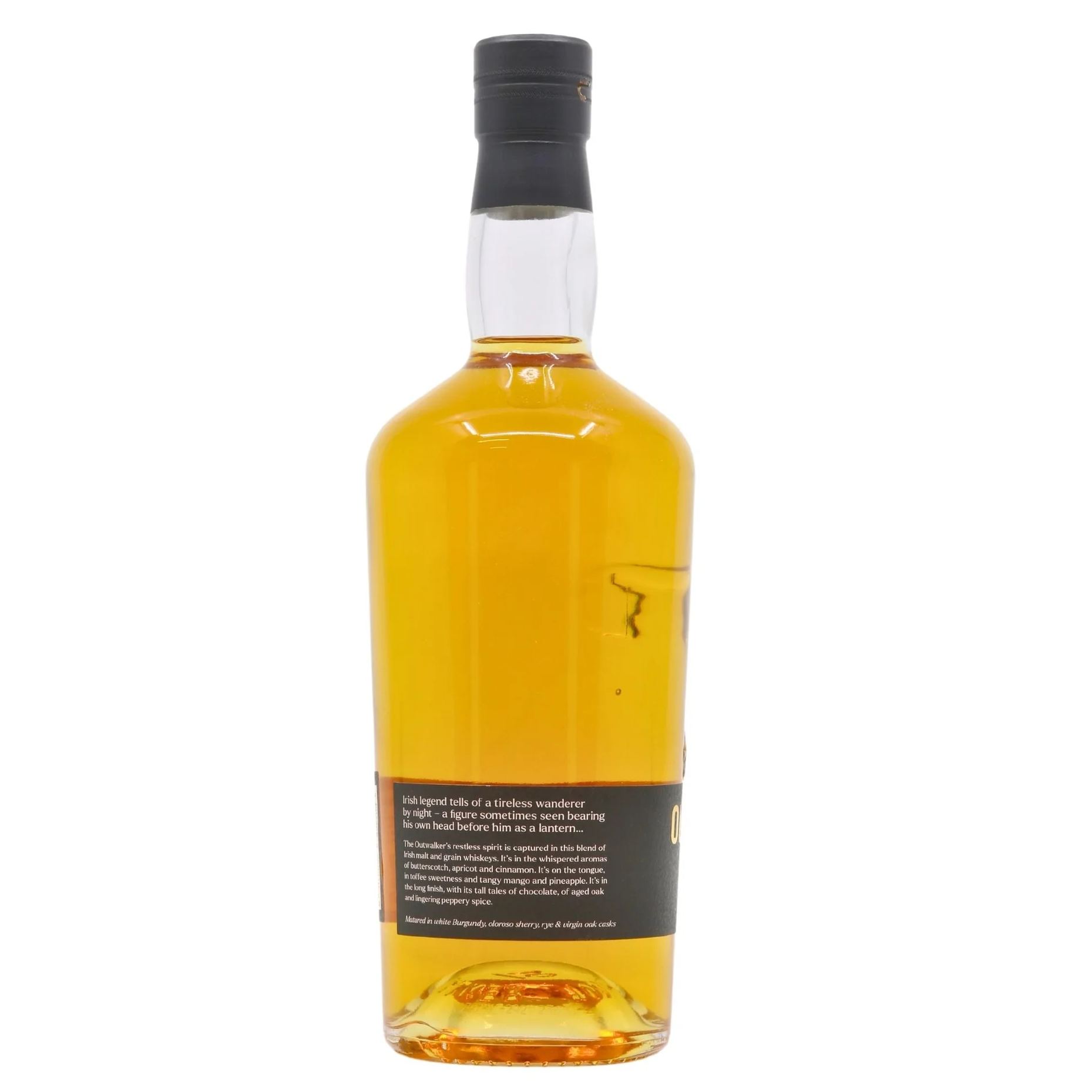 Bottle of whiskey with a black label on a white background